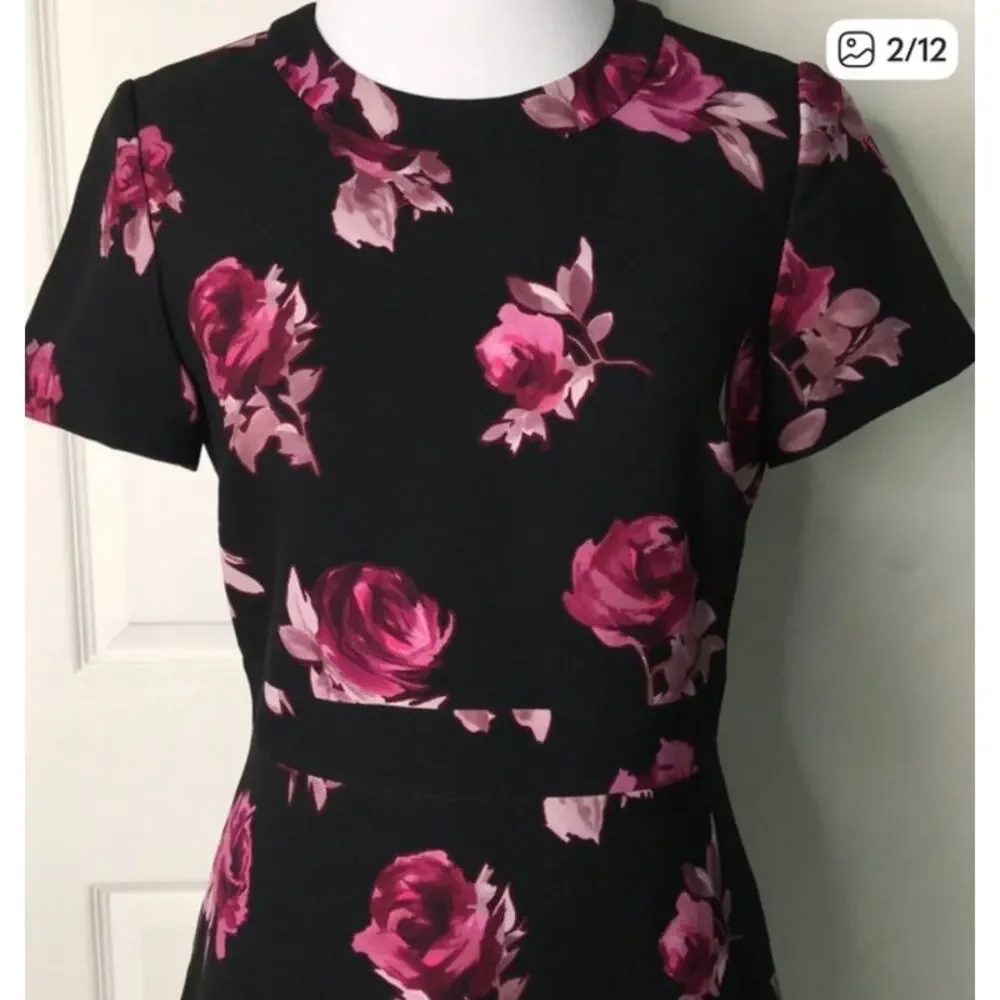 Kate Spade Womens Open Flare Dress size 4 Black Floral Roses Short Sleeve